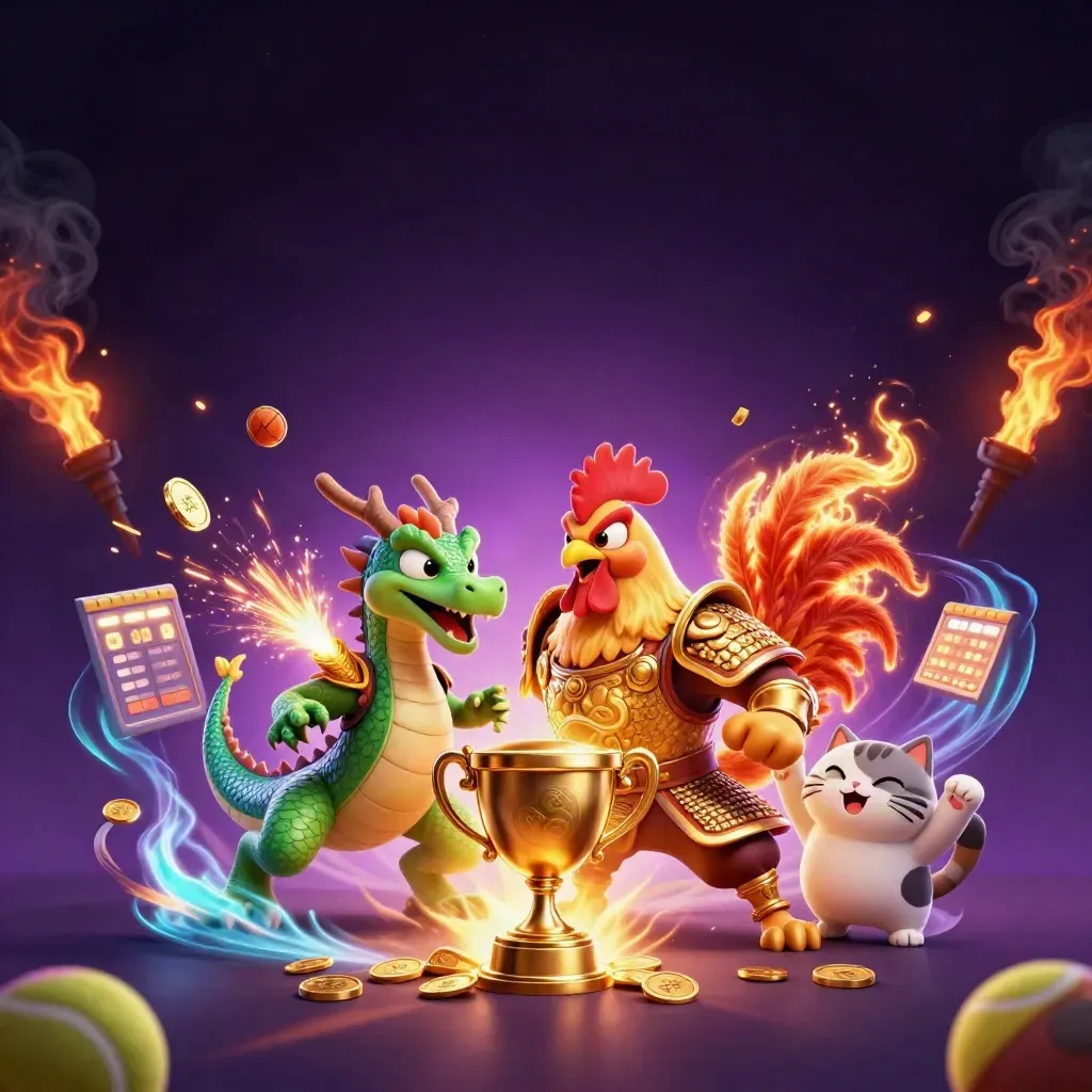 Samurai rooster, spark-breathing dragon hatchling and lucky cat amid sports balls, coins and neon beams.