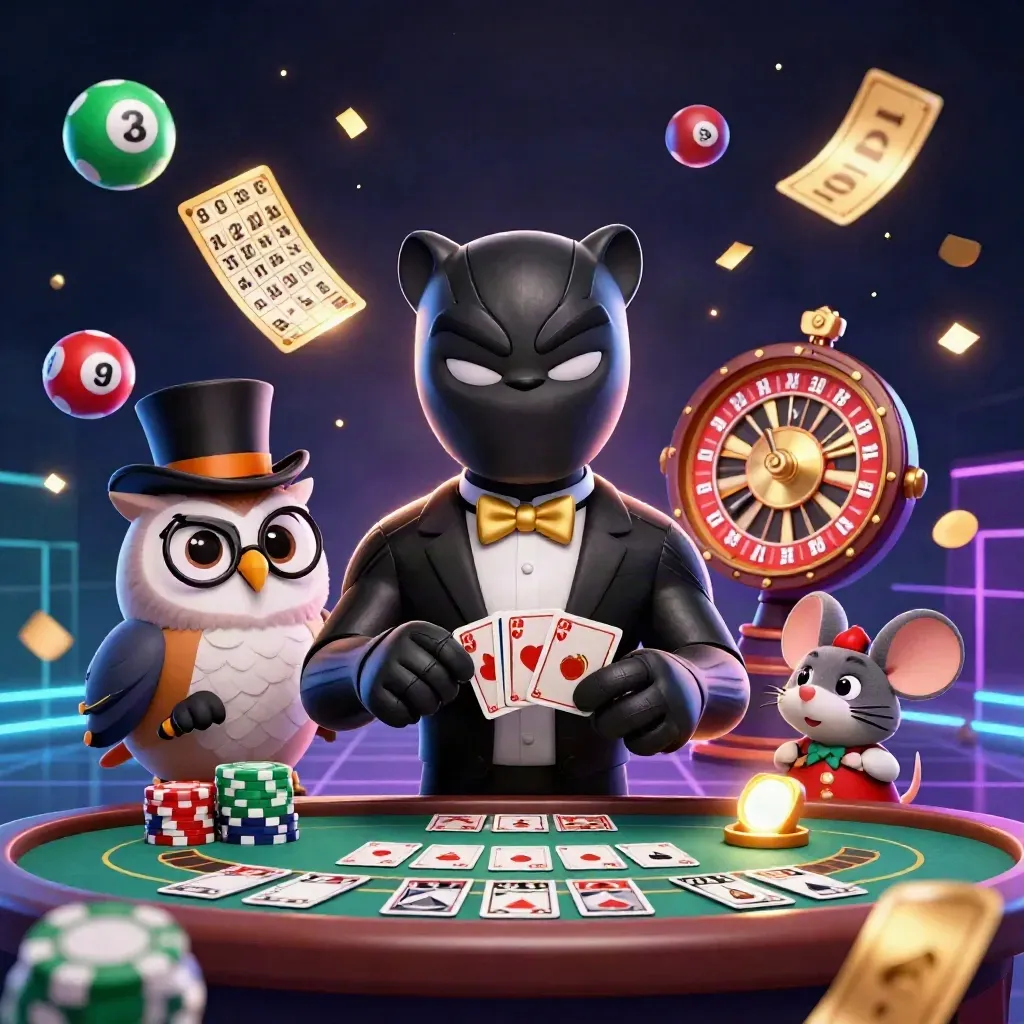Panther, owl, and mouse at a luxe casino table with glowing game pieces and neon lights.
