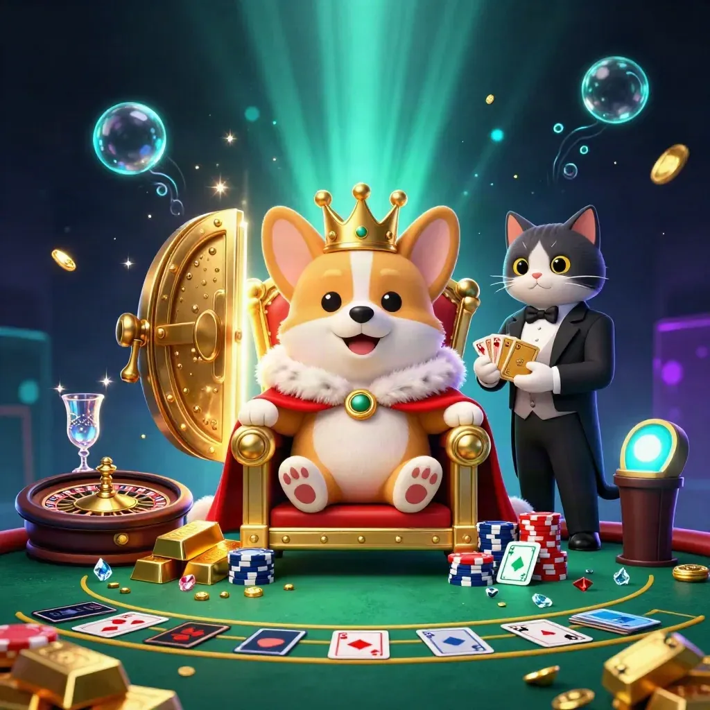 Royal corgi and cat butler amid vault gold, neon glow, and casino luxury