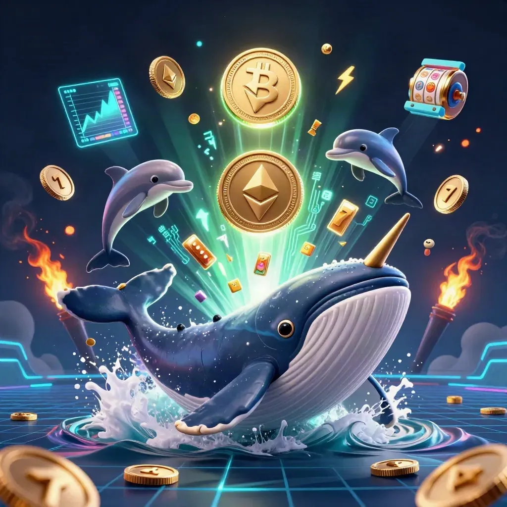 Whale captain, narwhal, and dolphins burst through coins with neon crypto effects.