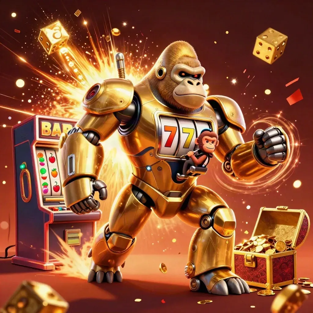 Golden gorilla slot-mech with monkey pilot, exploding reels, gold, confetti and jackpot glow