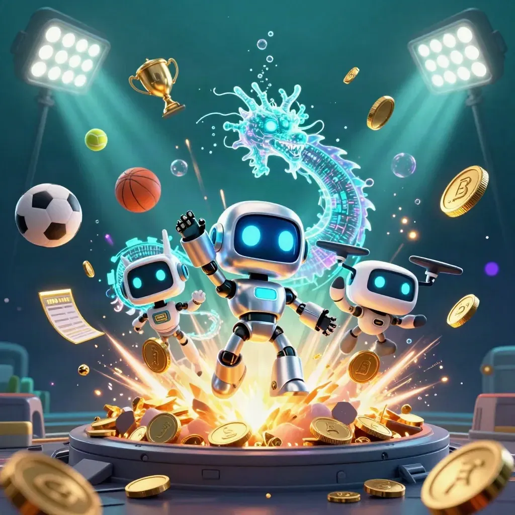Cyberpunk robot, holographic dragon, drone, coins, balls and trophy in a neon vault burst.