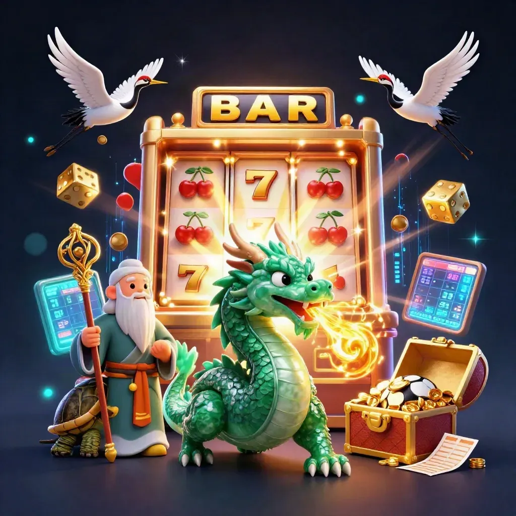 Jade dragon, turtle sage and cranes amid jackpot bursts, gold coins, and neon casino energy.