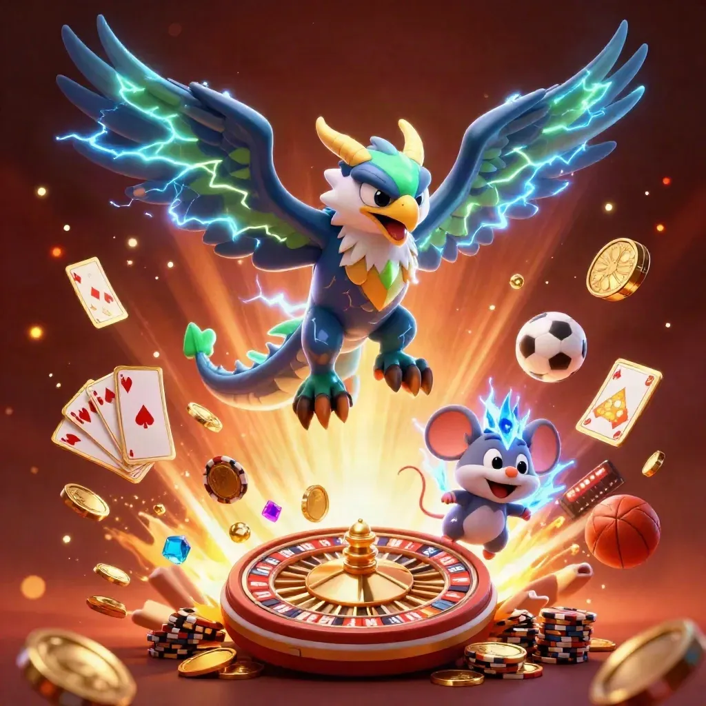 Dragon, hawk, and thunder-mouse amid coins, gems, roulette wheel, cards, chips, and sports props.