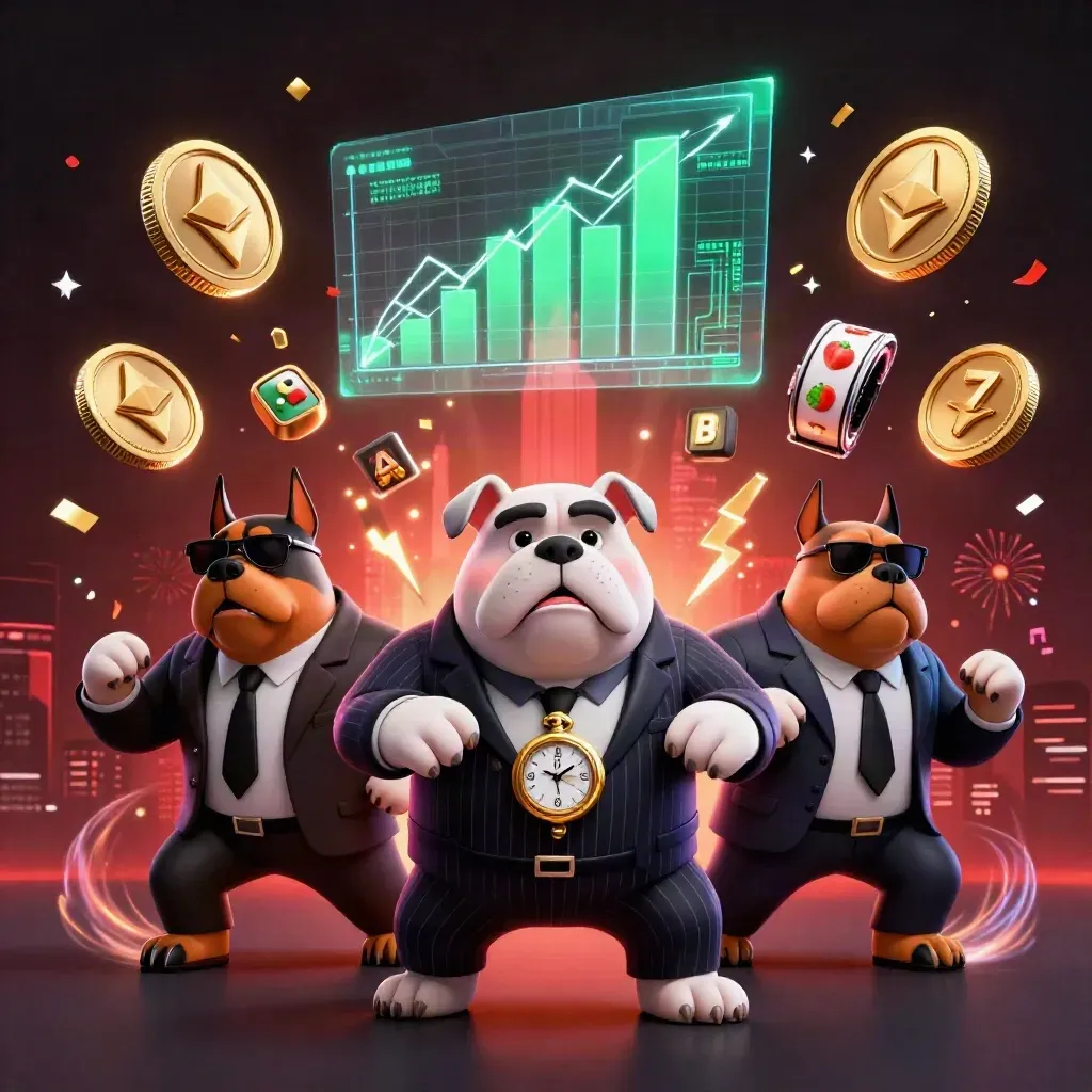 Bulldog boss with two Dobermans amid coins, lightning, reels, and casino effects.